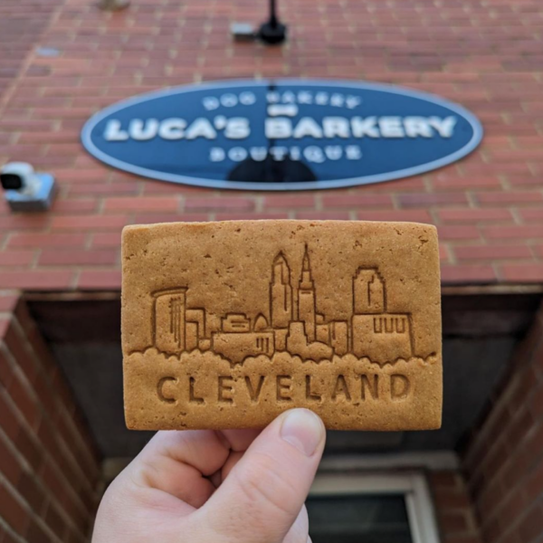 Luca Dog Treat with Cleveland designed on it